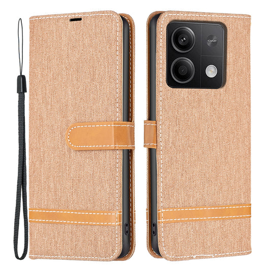 For Xiaomi Redmi Note 13 5G Leather Phone Case Wallet Cover Jeans Cloth Splicing - Brown