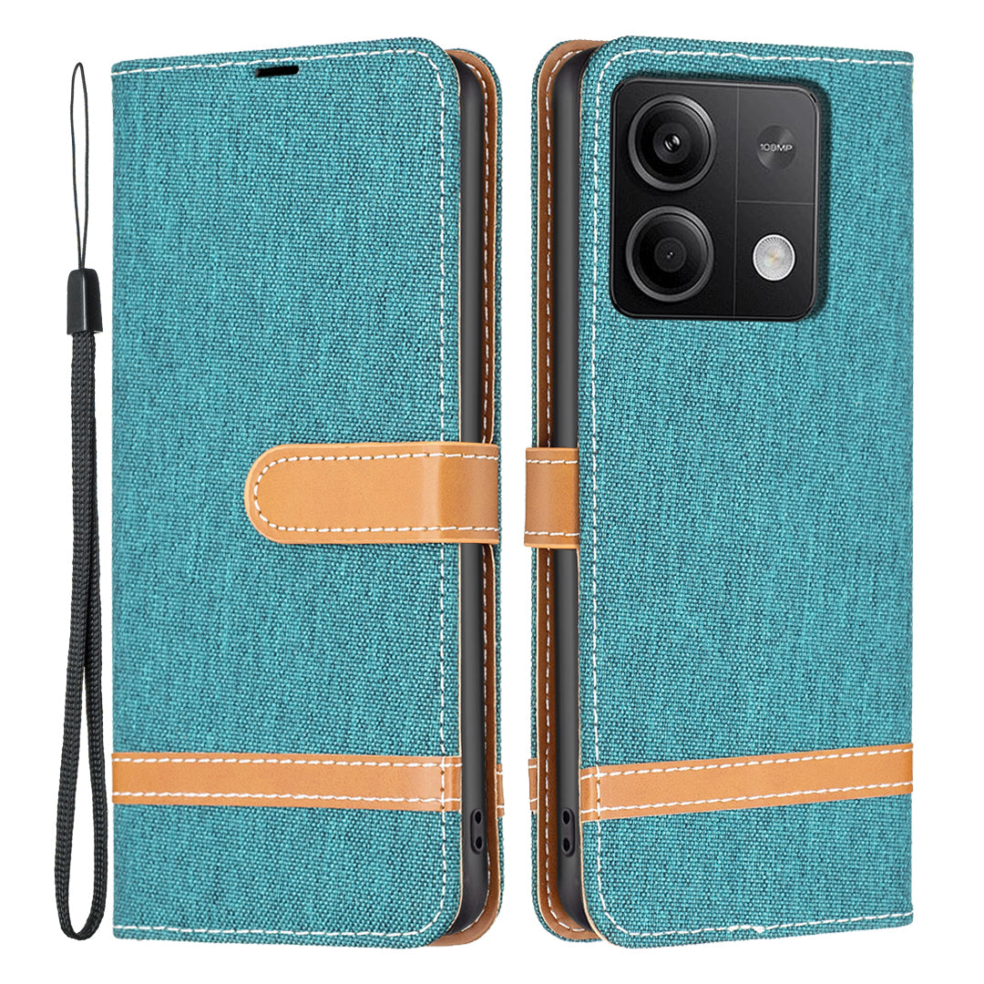 For Xiaomi Redmi Note 13 5G Leather Phone Case Wallet Cover Jeans Cloth Splicing - Green