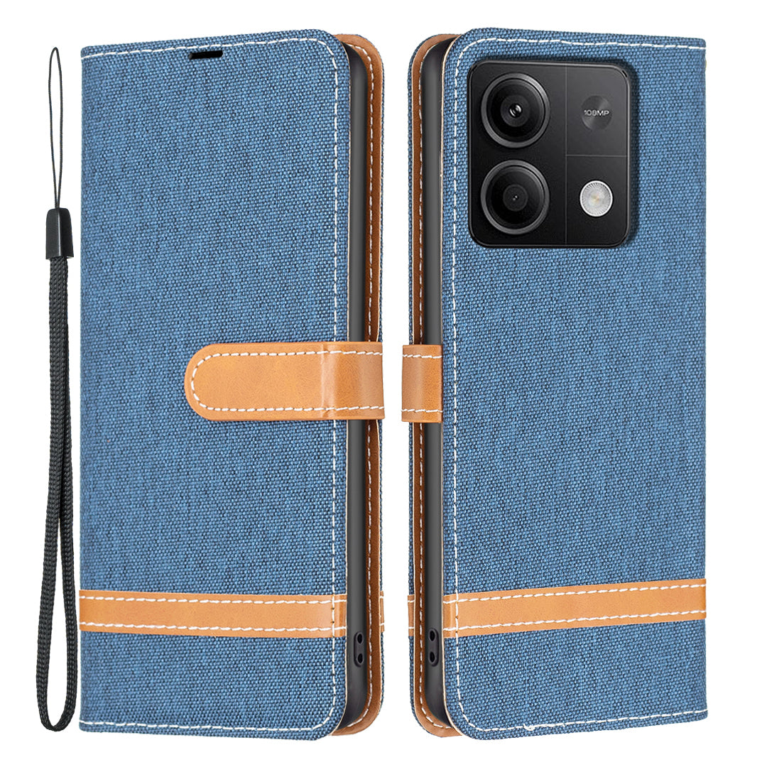 For Xiaomi Redmi Note 13 5G Leather Phone Case Wallet Cover Jeans Cloth Splicing - Navy Blue