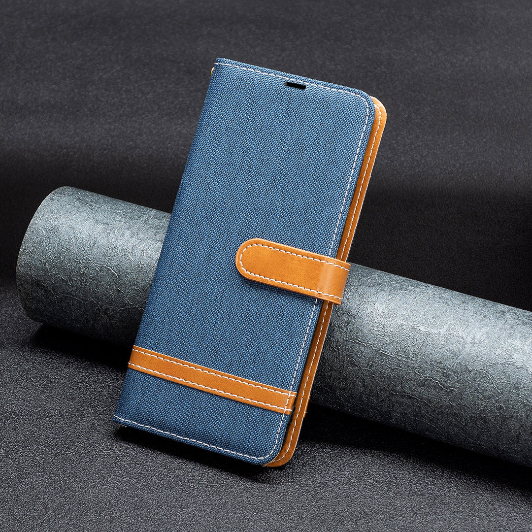 For Xiaomi Redmi Note 13 5G Leather Phone Case Wallet Cover Jeans Cloth Splicing - Navy Blue