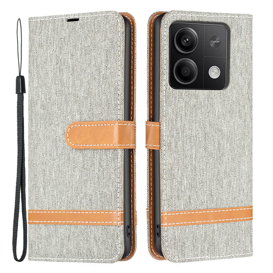 For Xiaomi Redmi Note 13 5G Leather Phone Case Wallet Cover Jeans Cloth Splicing - Grey