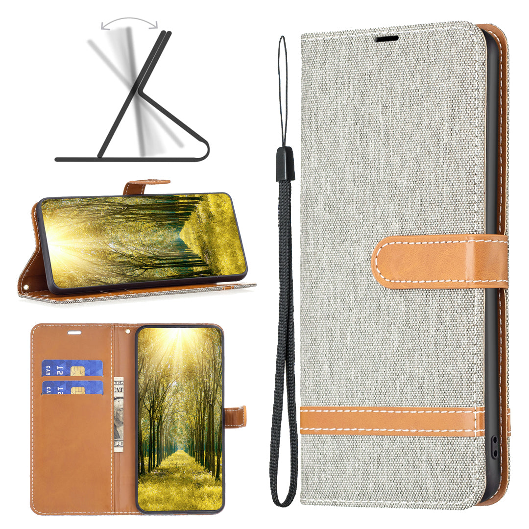 For Xiaomi Redmi Note 13 5G Leather Phone Case Wallet Cover Jeans Cloth Splicing - Grey
