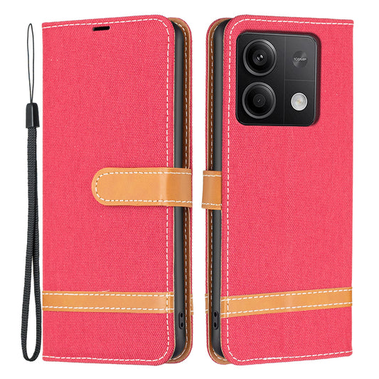 For Xiaomi Redmi Note 13 5G Leather Phone Case Wallet Cover Jeans Cloth Splicing - Red