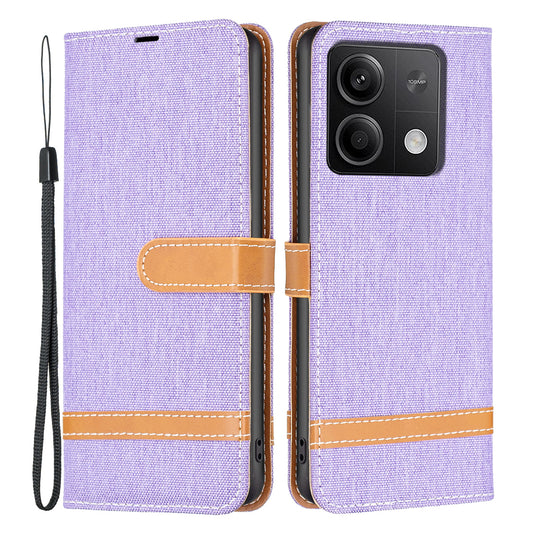 For Xiaomi Redmi Note 13 5G Leather Phone Case Wallet Cover Jeans Cloth Splicing - Purple