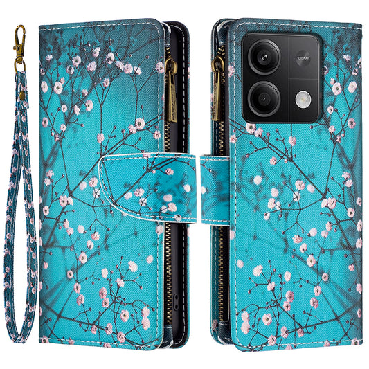 BF03 For Xiaomi Redmi Note 13 5G PU Leather Case Pattern Zipper Pocket Handbag Phone Cover - Plum Blossom