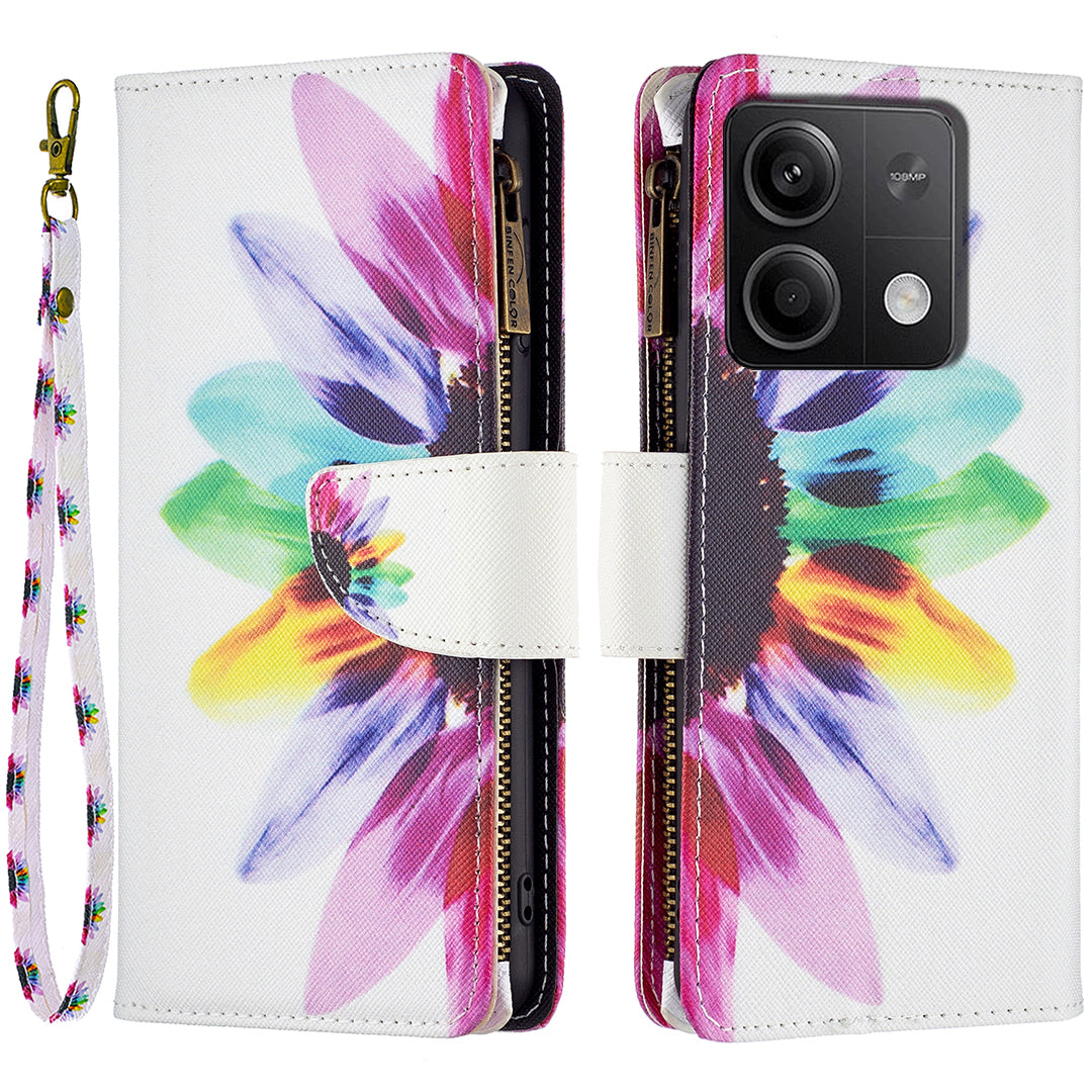 BF03 For Xiaomi Redmi Note 13 5G PU Leather Case Pattern Zipper Pocket Handbag Phone Cover - Sunflower