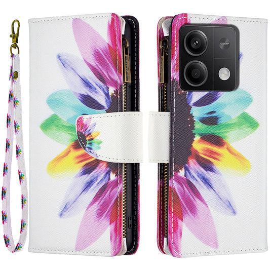 BF03 For Xiaomi Redmi Note 13 5G PU Leather Case Pattern Zipper Pocket Handbag Phone Cover - Sunflower