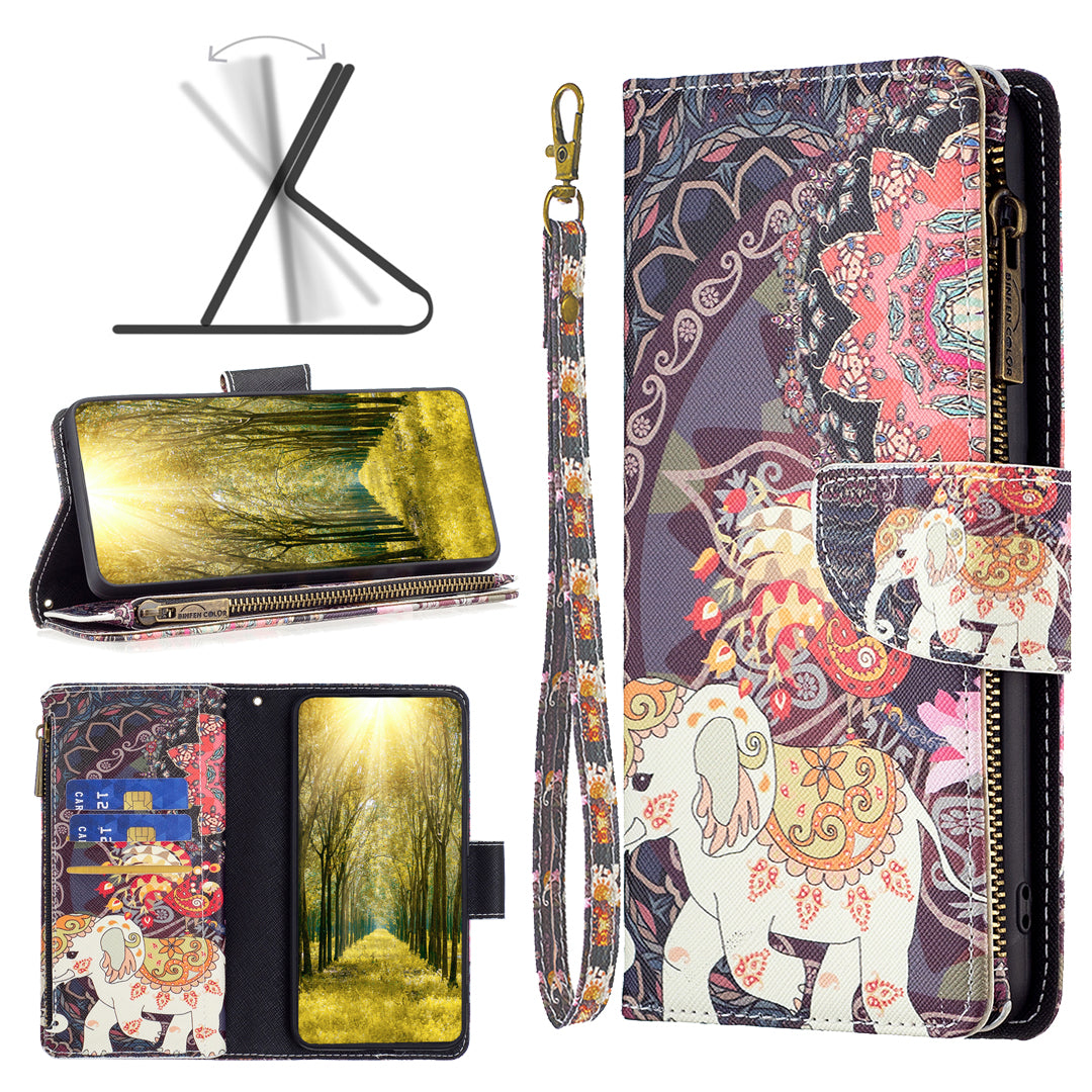 BF03 For Xiaomi Redmi Note 13 5G PU Leather Case Pattern Zipper Pocket Handbag Phone Cover - Flowers and Elephant