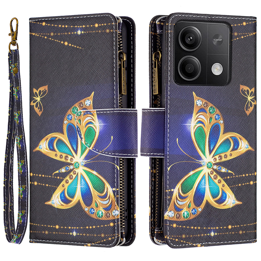 BF03 For Xiaomi Redmi Note 13 5G PU Leather Case Pattern Zipper Pocket Handbag Phone Cover - Rhinestone Butterfly
