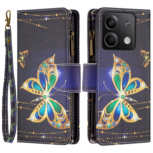 BF03 For Xiaomi Redmi Note 13 5G PU Leather Case Pattern Zipper Pocket Handbag Phone Cover - Rhinestone Butterfly