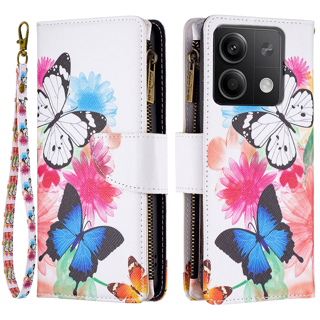 BF03 For Xiaomi Redmi Note 13 5G PU Leather Case Pattern Zipper Pocket Handbag Phone Cover - Two Butterflies