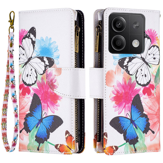 BF03 For Xiaomi Redmi Note 13 5G PU Leather Case Pattern Zipper Pocket Handbag Phone Cover - Two Butterflies