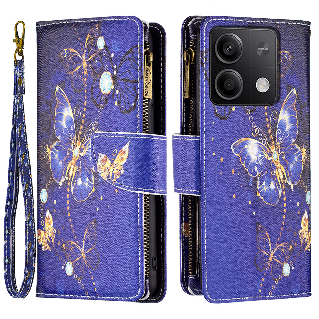 BF03 For Xiaomi Redmi Note 13 5G PU Leather Case Pattern Zipper Pocket Handbag Phone Cover - Purple Butterflies