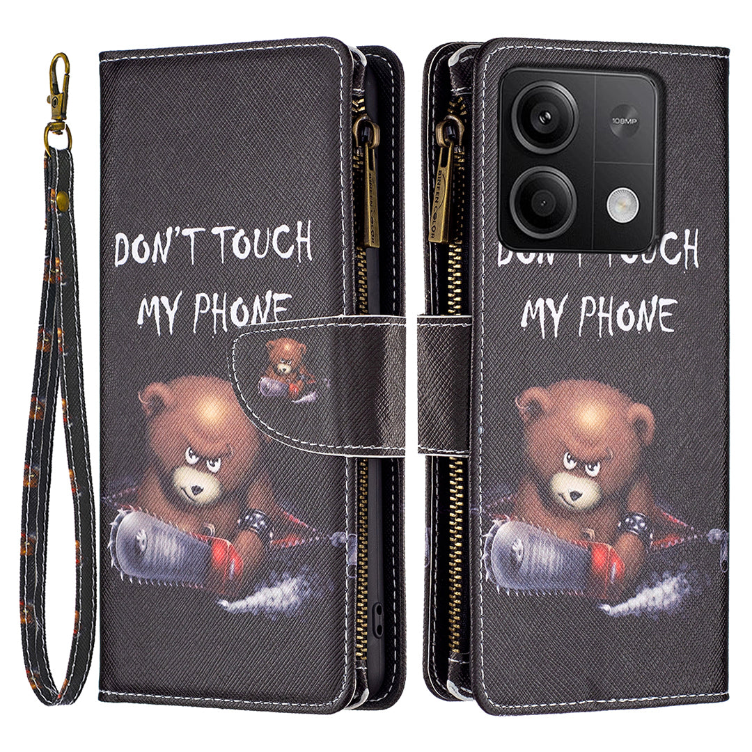 BF03 For Xiaomi Redmi Note 13 5G PU Leather Case Pattern Zipper Pocket Handbag Phone Cover - Bear
