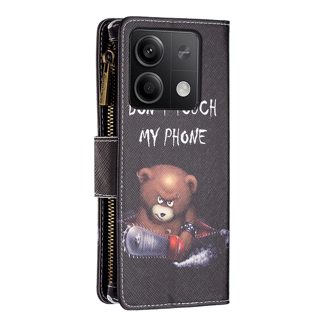BF03 For Xiaomi Redmi Note 13 5G PU Leather Case Pattern Zipper Pocket Handbag Phone Cover - Bear