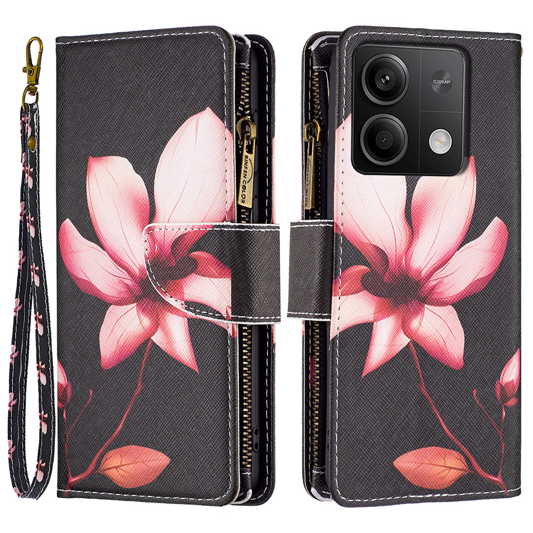 BF03 For Xiaomi Redmi Note 13 5G PU Leather Case Pattern Zipper Pocket Handbag Phone Cover - Lotus