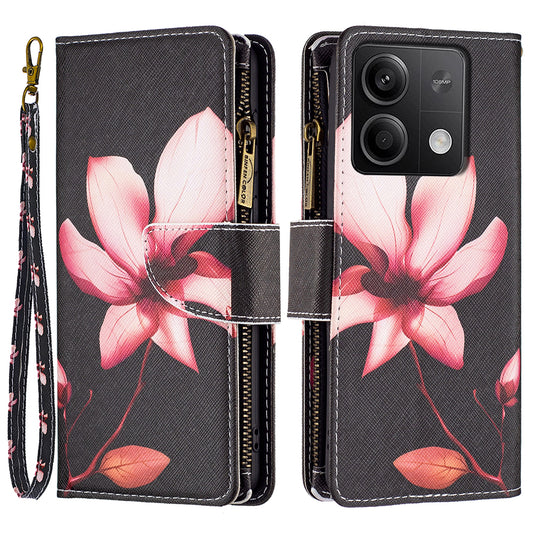 BF03 For Xiaomi Redmi Note 13 5G PU Leather Case Pattern Zipper Pocket Handbag Phone Cover - Lotus