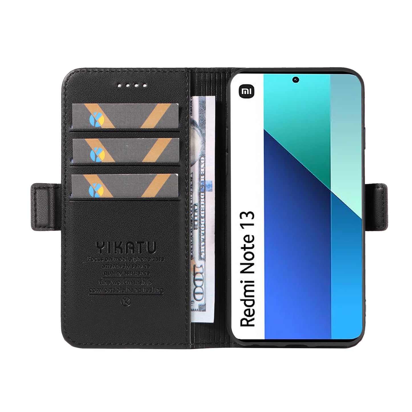 YIKATU YK-003 For Xiaomi Redmi Note 13 4G Leather Wallet Case Side Magnetic Clasp - Black