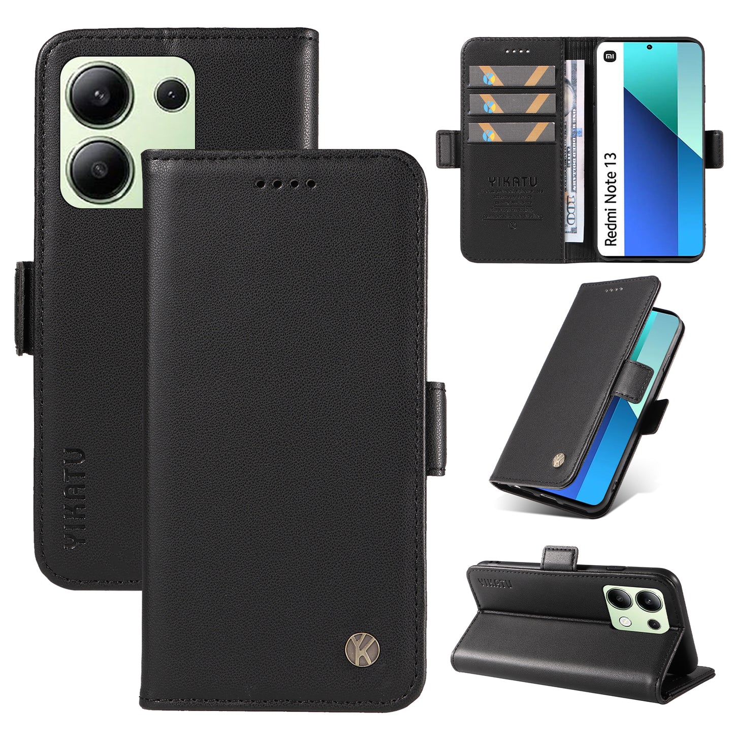 YIKATU YK-003 For Xiaomi Redmi Note 13 4G Leather Wallet Case Side Magnetic Clasp - Black
