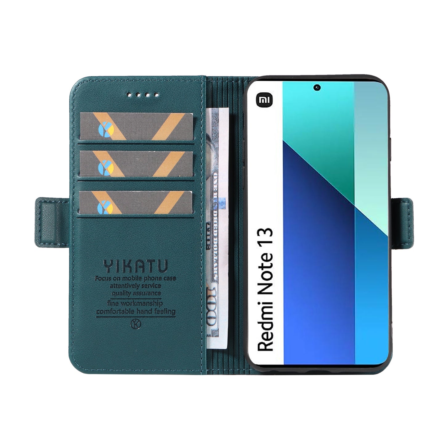 YIKATU YK-003 For Xiaomi Redmi Note 13 4G Leather Wallet Case Side Magnetic Clasp - Green