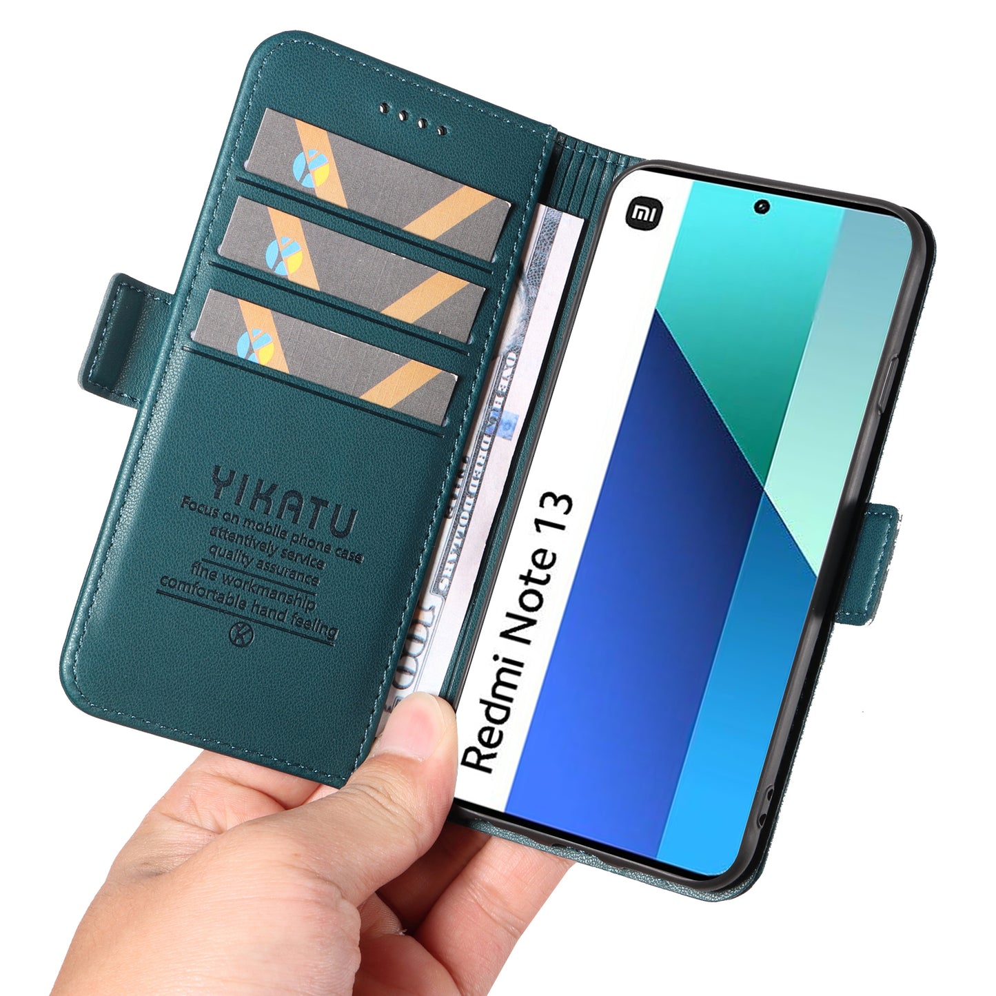 YIKATU YK-003 For Xiaomi Redmi Note 13 4G Leather Wallet Case Side Magnetic Clasp - Green