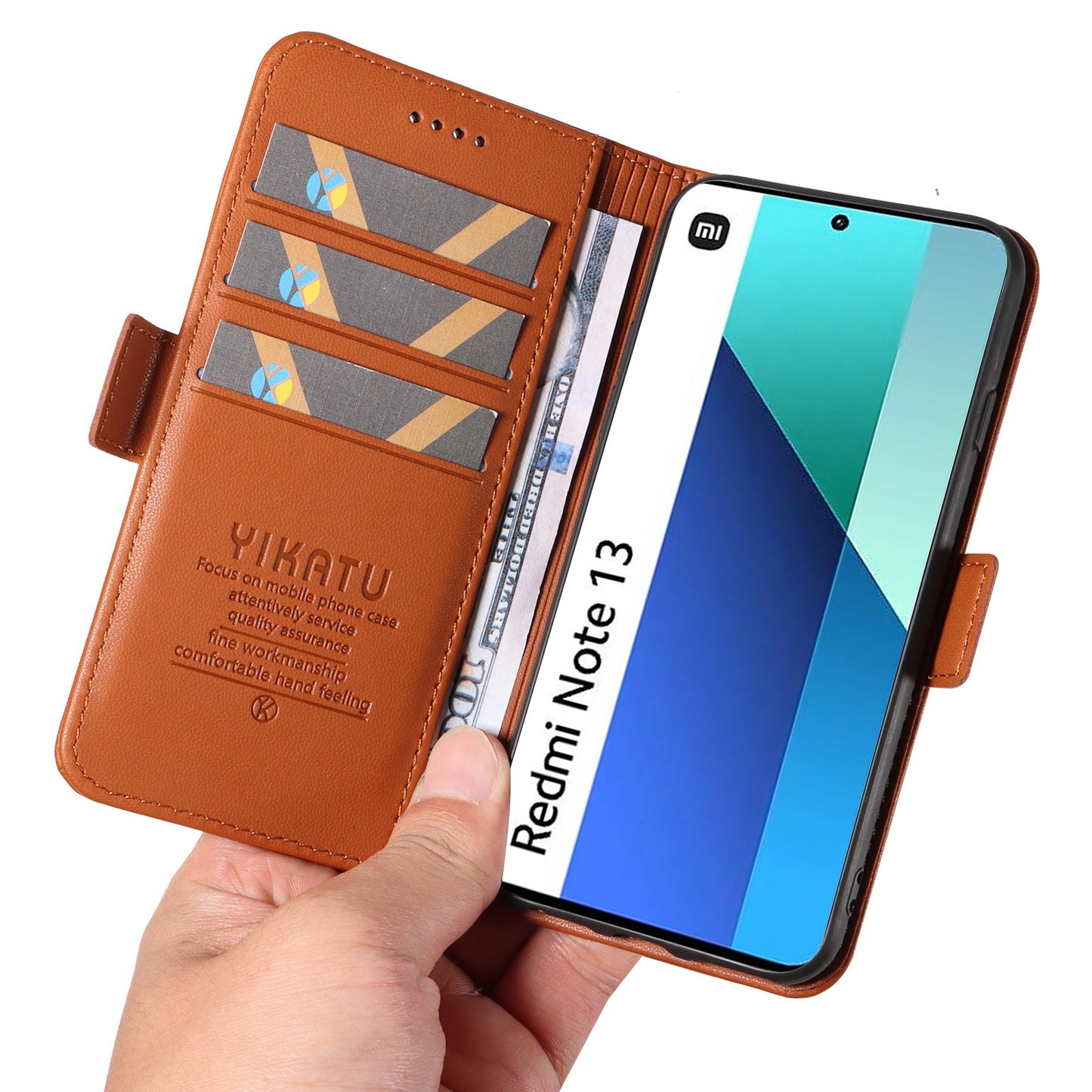 YIKATU YK-003 For Xiaomi Redmi Note 13 4G Leather Wallet Case Side Magnetic Clasp - Brown