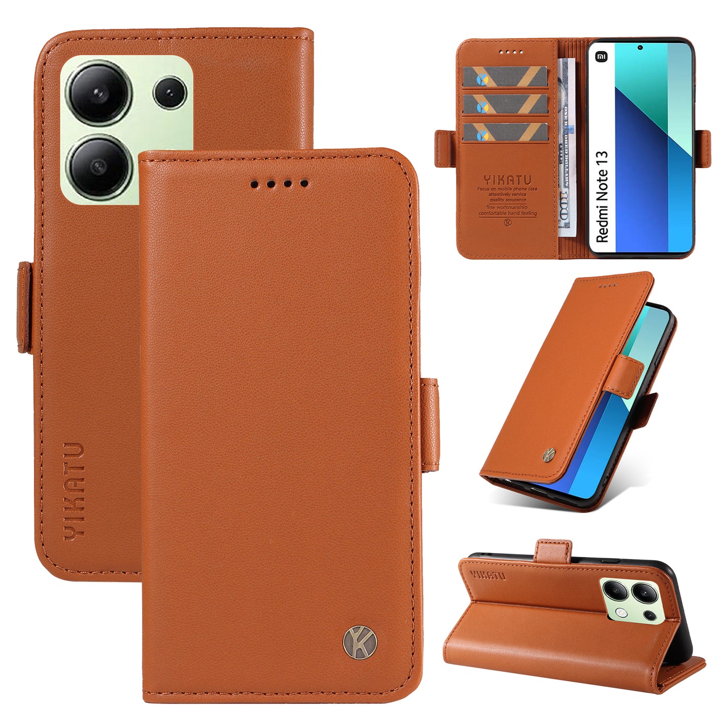 YIKATU YK-003 For Xiaomi Redmi Note 13 4G Leather Wallet Case Side Magnetic Clasp - Brown