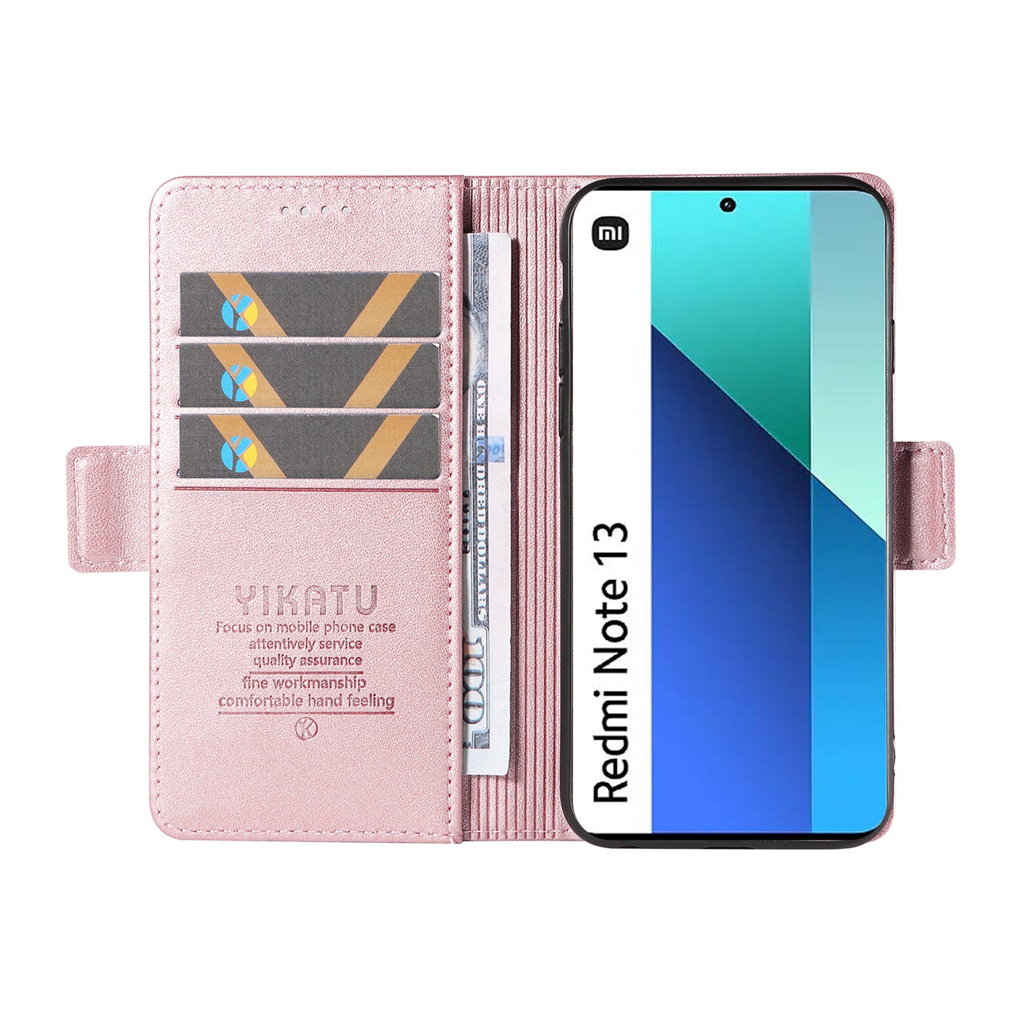 YIKATU YK-003 For Xiaomi Redmi Note 13 4G Leather Wallet Case Side Magnetic Clasp - Rose Gold