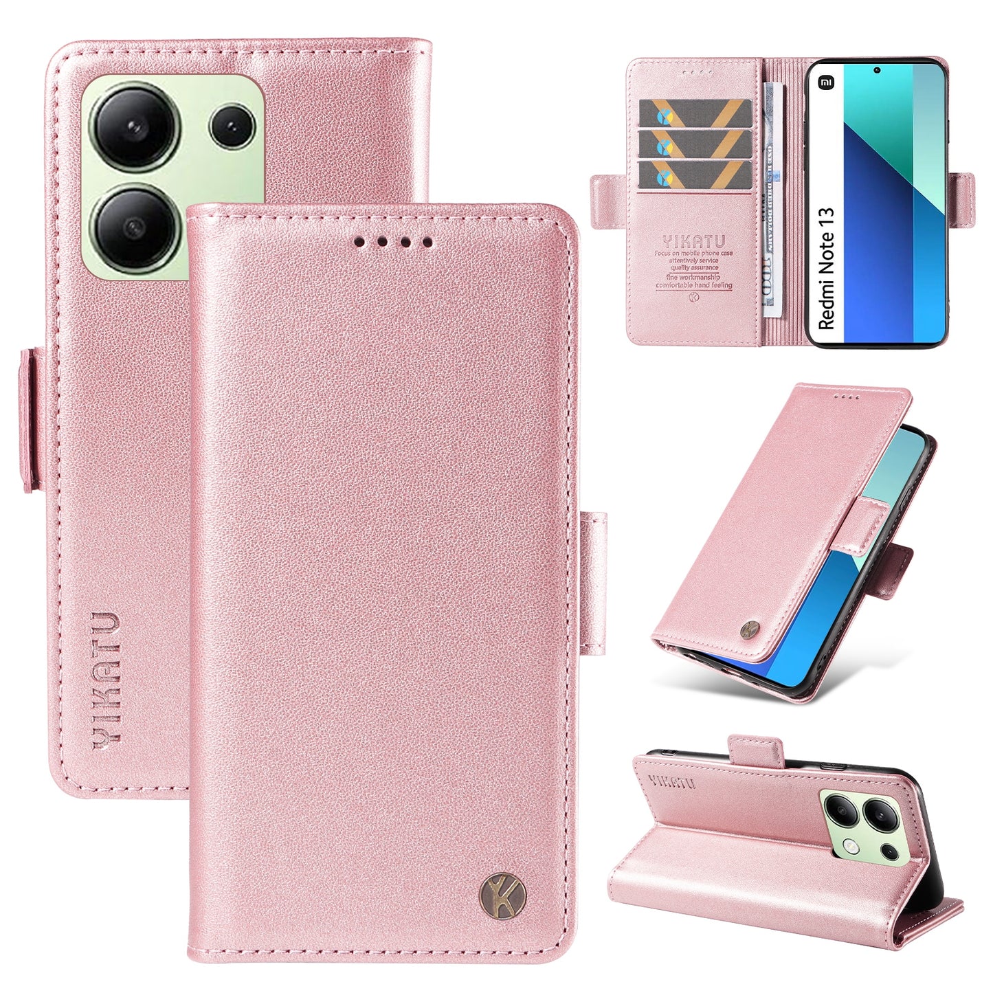 YIKATU YK-003 For Xiaomi Redmi Note 13 4G Leather Wallet Case Side Magnetic Clasp - Rose Gold
