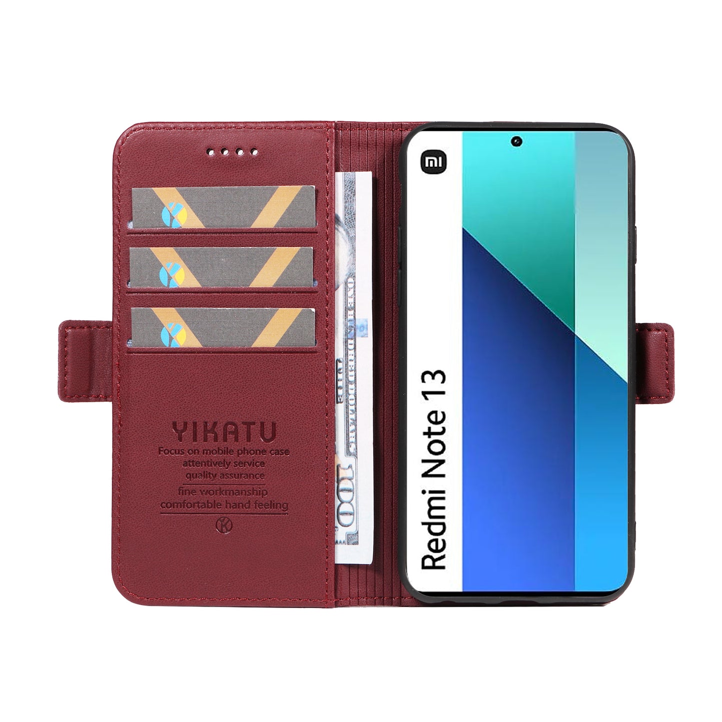 YIKATU YK-003 For Xiaomi Redmi Note 13 4G Leather Wallet Case Side Magnetic Clasp - Wine Red