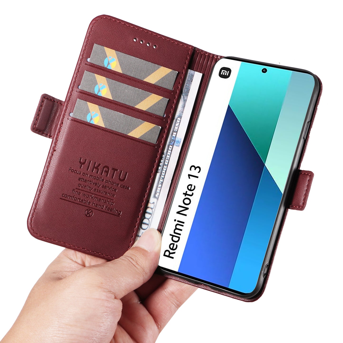 YIKATU YK-003 For Xiaomi Redmi Note 13 4G Leather Wallet Case Side Magnetic Clasp - Wine Red