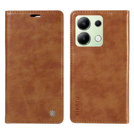YIKATU YK-006 For Xiaomi Redmi Note 13 4G Leather Case Magnetic Closing Litchi Texture - Brown