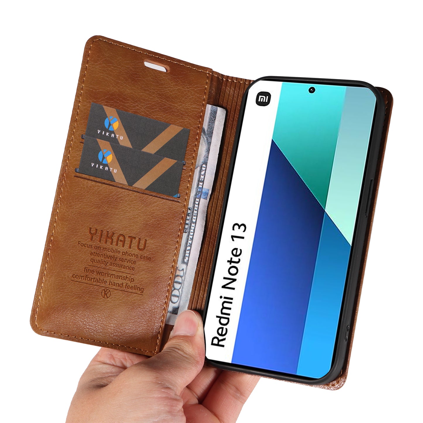 YIKATU YK-006 For Xiaomi Redmi Note 13 4G Leather Case Magnetic Closing Litchi Texture - Brown
