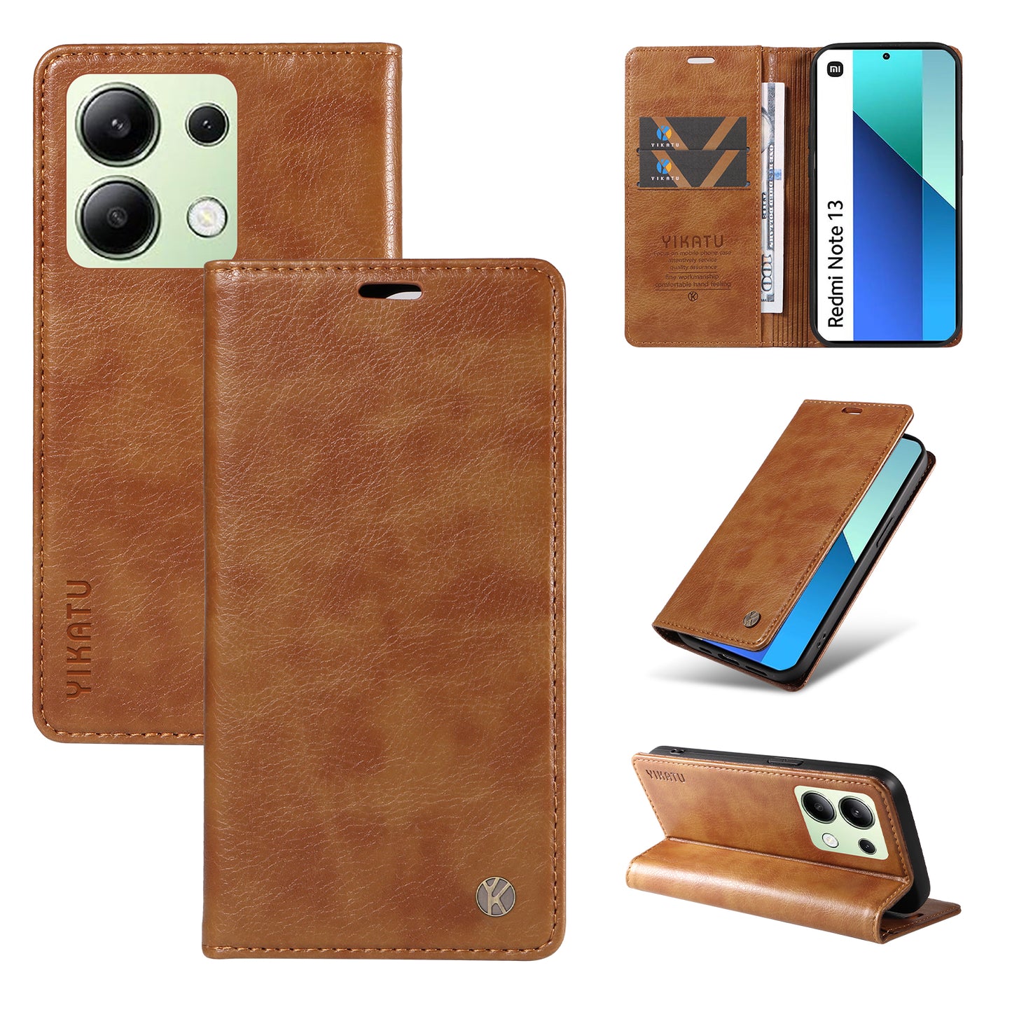 YIKATU YK-006 For Xiaomi Redmi Note 13 4G Leather Case Magnetic Closing Litchi Texture - Brown