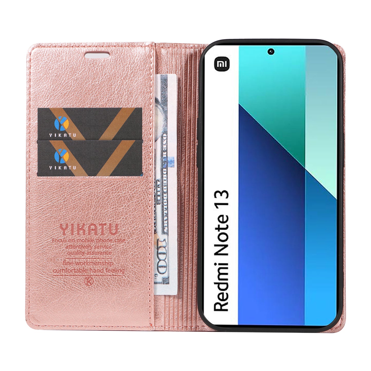 YIKATU YK-006 For Xiaomi Redmi Note 13 4G Leather Case Magnetic Closing Litchi Texture - Rose Gold