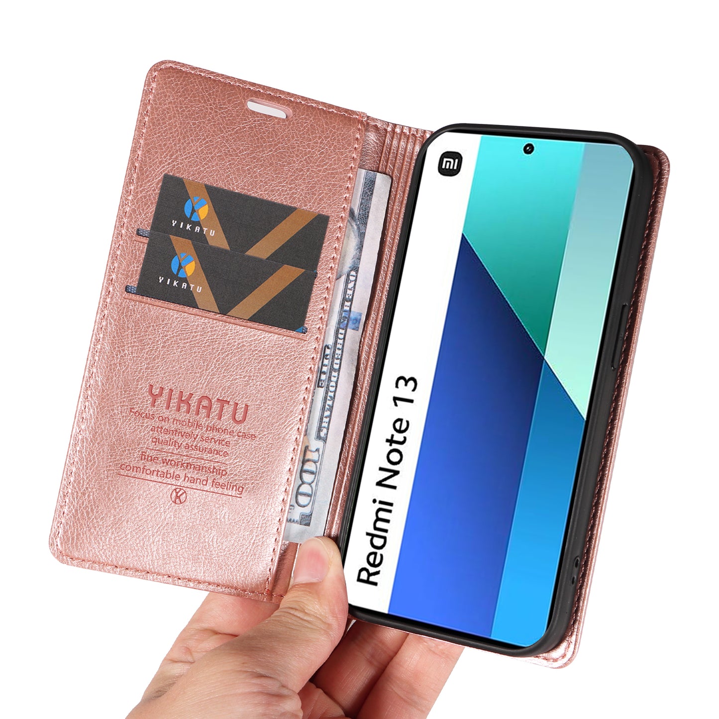 YIKATU YK-006 For Xiaomi Redmi Note 13 4G Leather Case Magnetic Closing Litchi Texture - Rose Gold