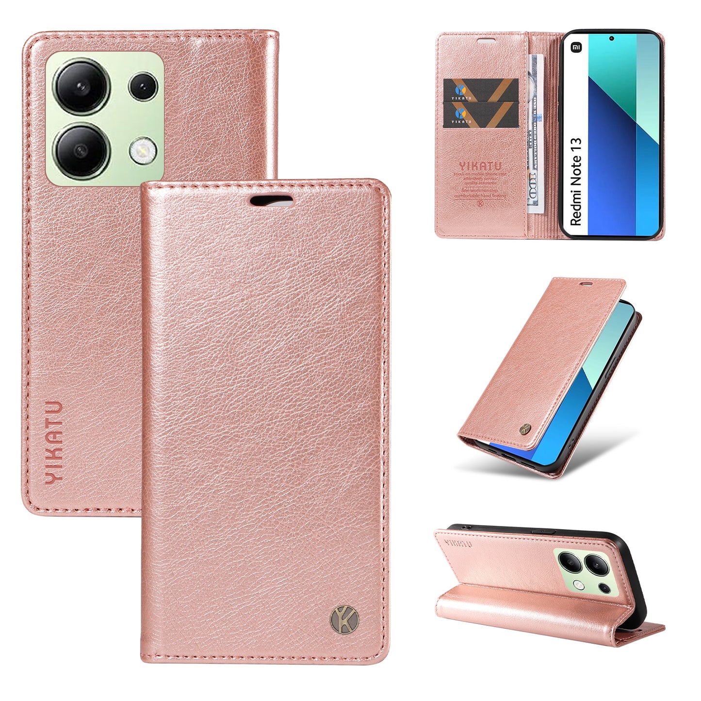 YIKATU YK-006 For Xiaomi Redmi Note 13 4G Leather Case Magnetic Closing Litchi Texture - Rose Gold