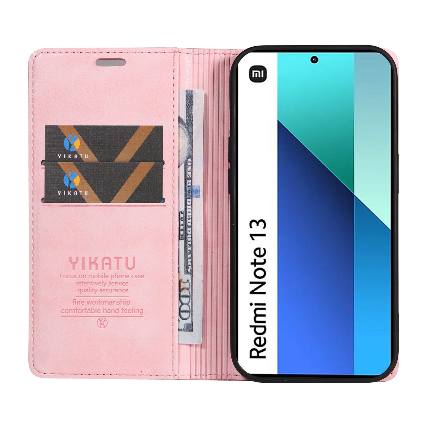 YIKATU YK-006 For Xiaomi Redmi Note 13 4G Leather Case Magnetic Closing Litchi Texture - Pink