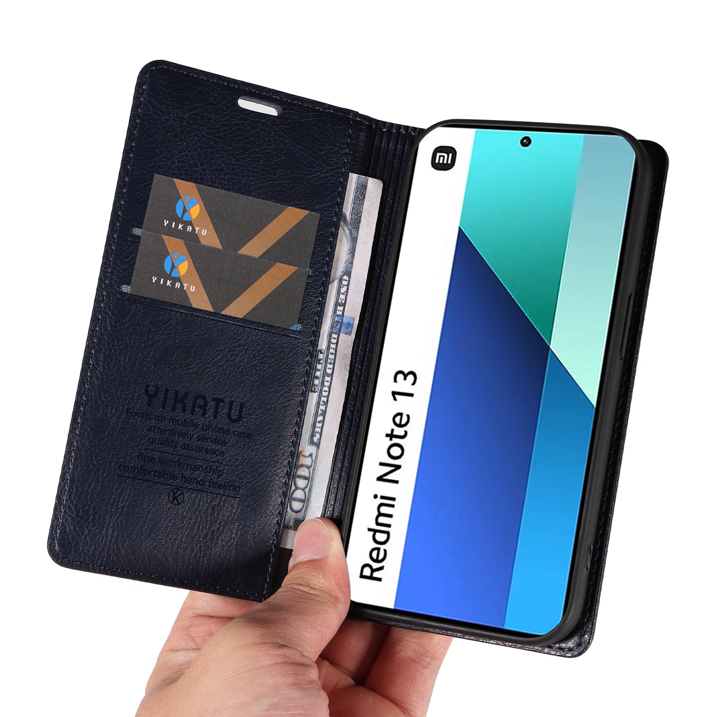YIKATU YK-006 For Xiaomi Redmi Note 13 4G Leather Case Magnetic Closing Litchi Texture - Navy Blue