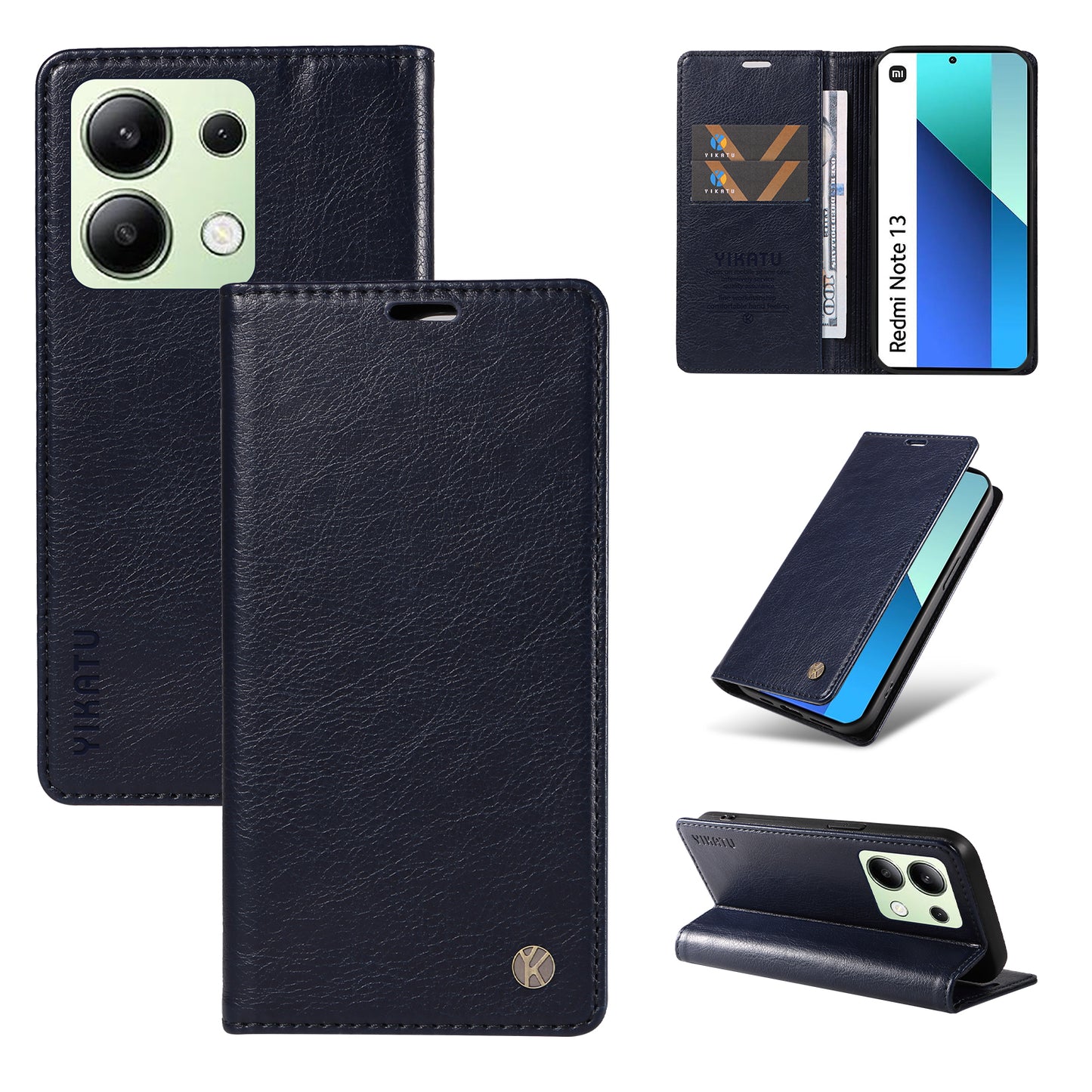 YIKATU YK-006 For Xiaomi Redmi Note 13 4G Leather Case Magnetic Closing Litchi Texture - Navy Blue