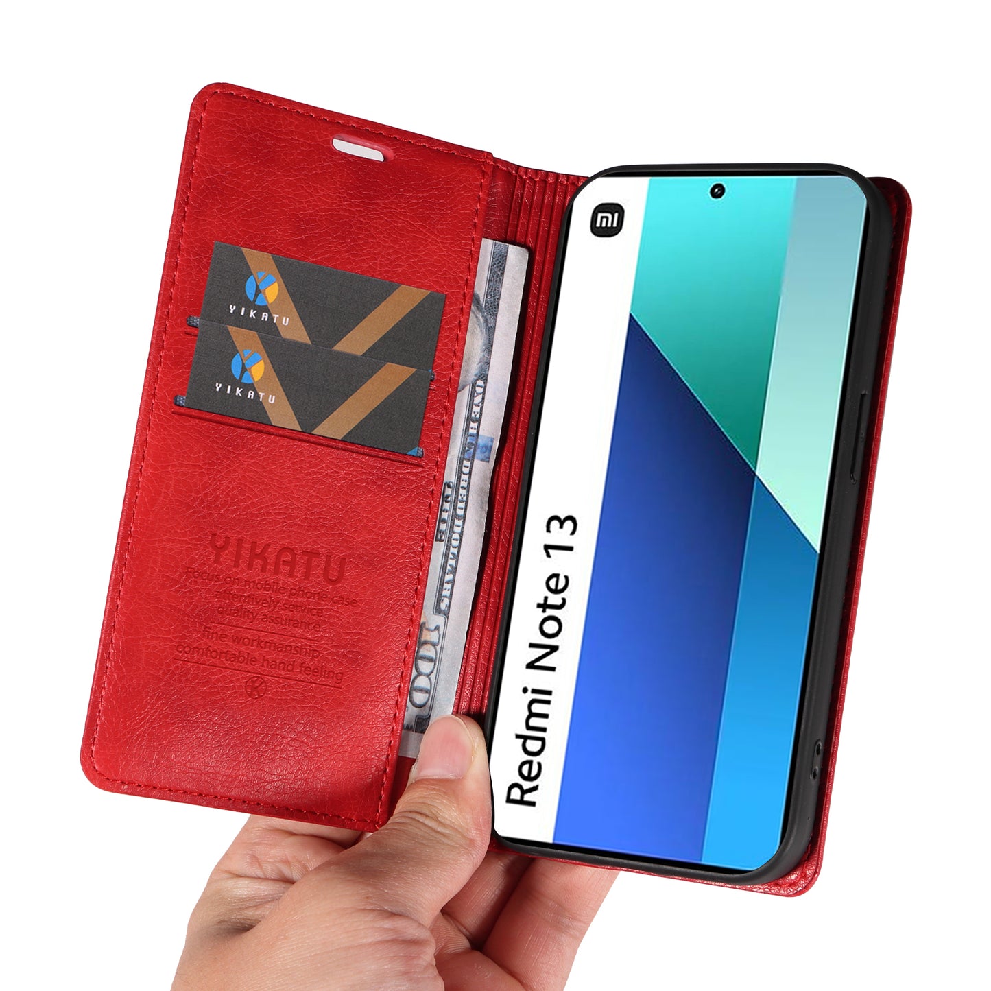 YIKATU YK-006 For Xiaomi Redmi Note 13 4G Leather Case Magnetic Closing Litchi Texture - Red