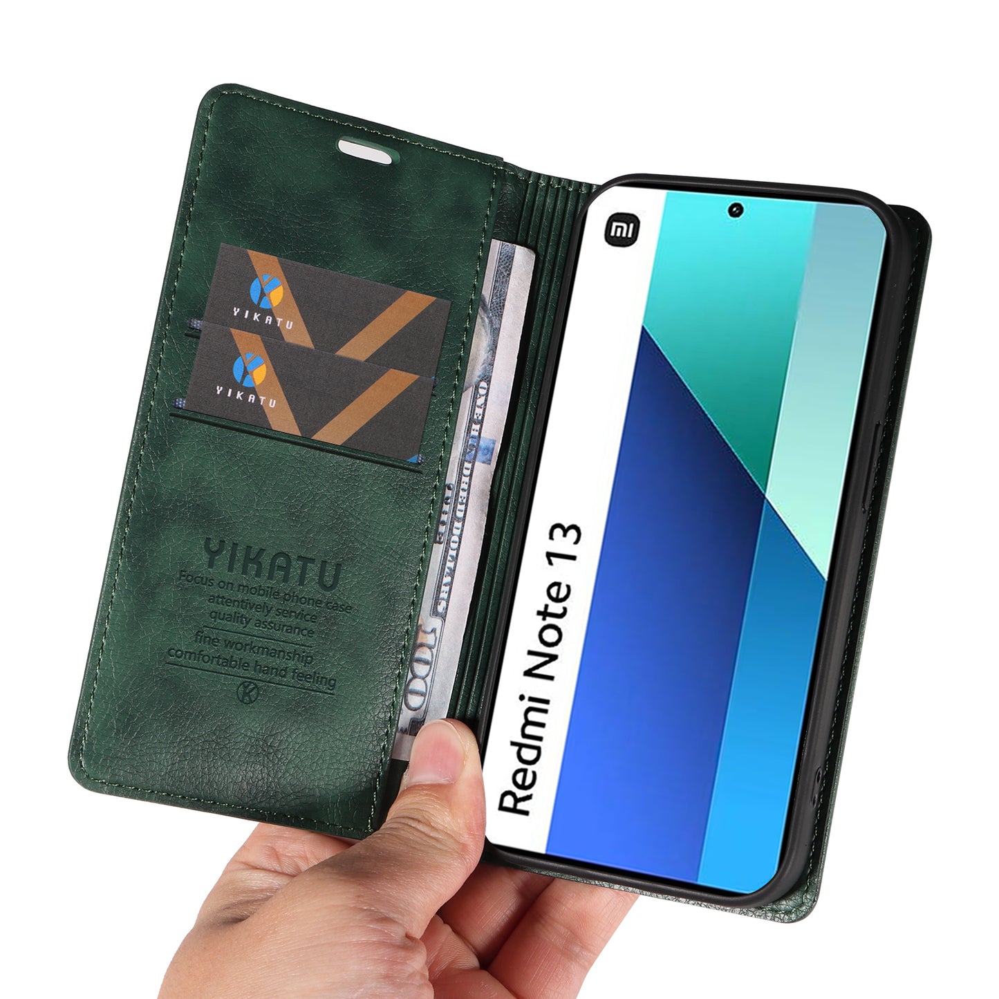 YIKATU YK-006 For Xiaomi Redmi Note 13 4G Leather Case Magnetic Closing Litchi Texture - Green