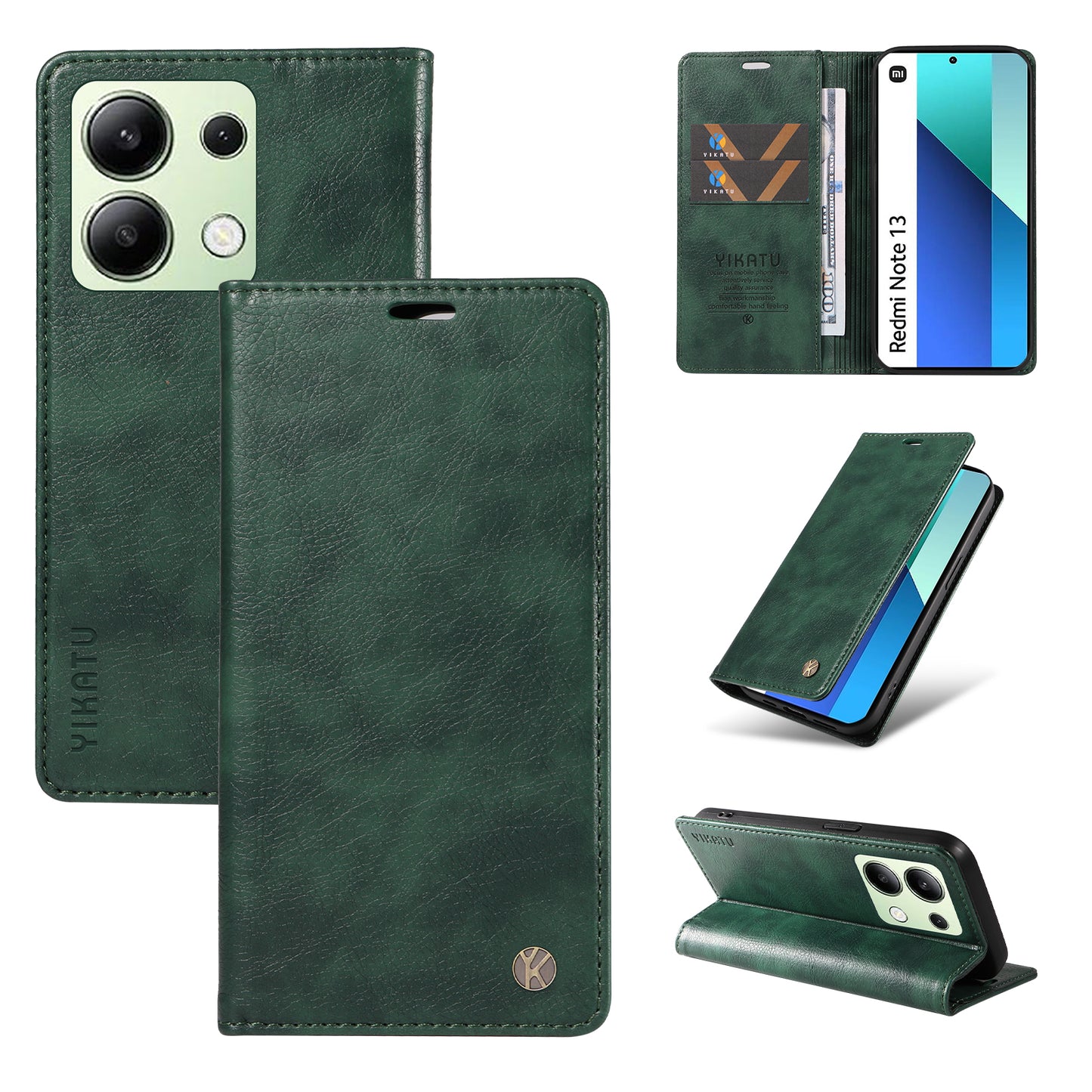 YIKATU YK-006 For Xiaomi Redmi Note 13 4G Leather Case Magnetic Closing Litchi Texture - Green