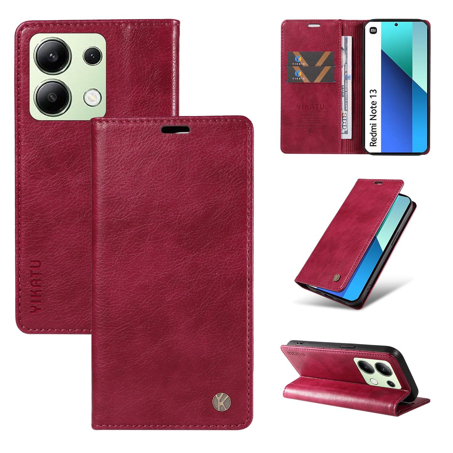 YIKATU YK-006 For Xiaomi Redmi Note 13 4G Leather Case Magnetic Closing Litchi Texture - Wine Red