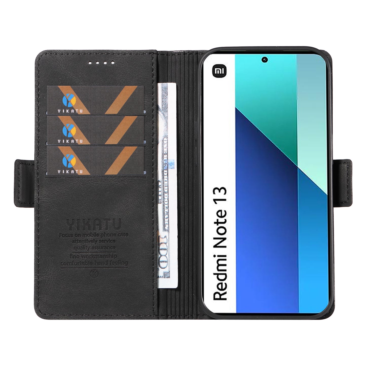 YIKATU YK-005 For Xiaomi Redmi Note 13 4G Wallet Cover Skin-touch Leather Phone Case - Black