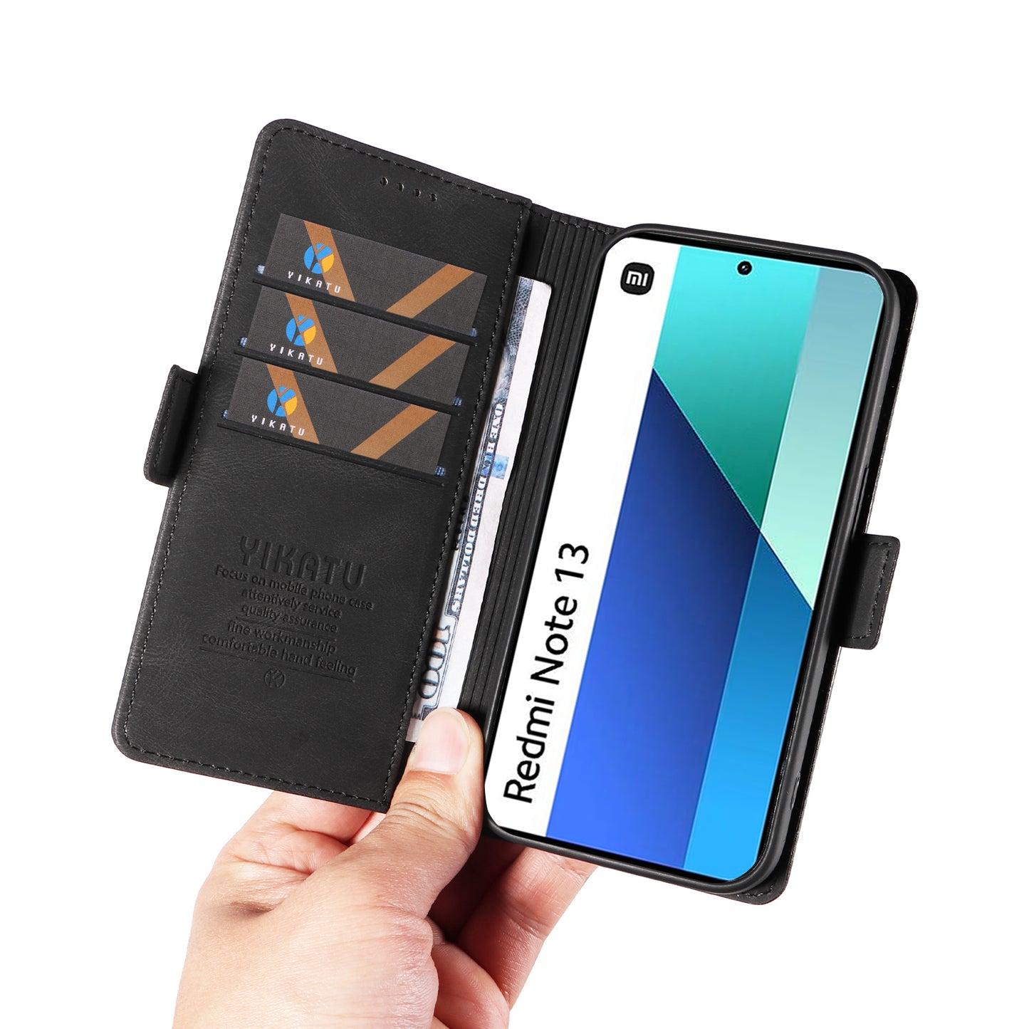 YIKATU YK-005 For Xiaomi Redmi Note 13 4G Wallet Cover Skin-touch Leather Phone Case - Black