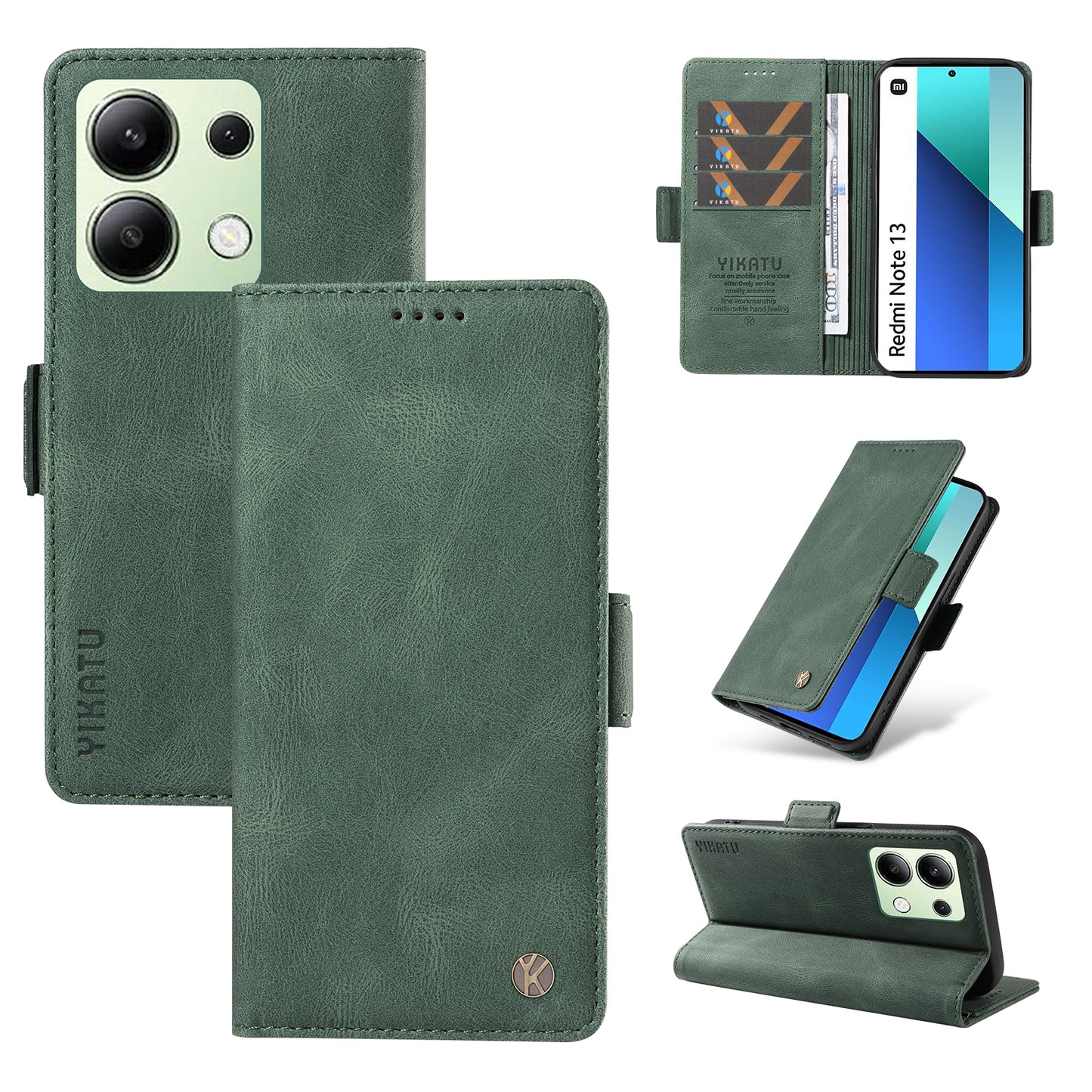 YIKATU YK-005 For Xiaomi Redmi Note 13 4G Wallet Cover Skin-touch Leather Phone Case - Green