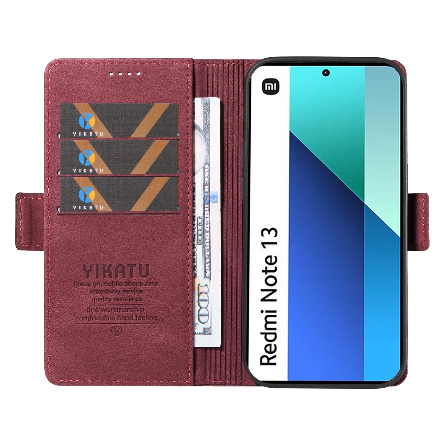 YIKATU YK-005 For Xiaomi Redmi Note 13 4G Wallet Cover Skin-touch Leather Phone Case - Wine Red