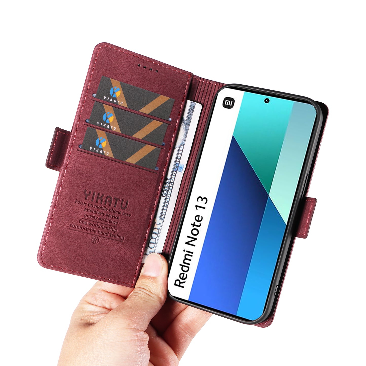 YIKATU YK-005 For Xiaomi Redmi Note 13 4G Wallet Cover Skin-touch Leather Phone Case - Wine Red