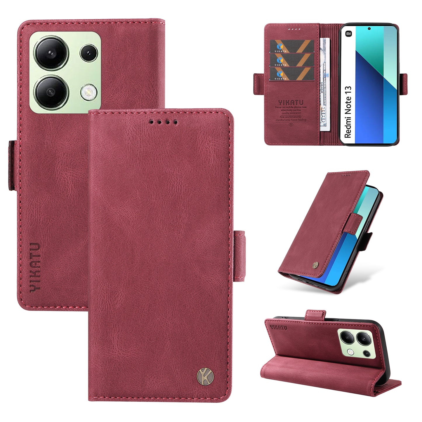 YIKATU YK-005 For Xiaomi Redmi Note 13 4G Wallet Cover Skin-touch Leather Phone Case - Wine Red